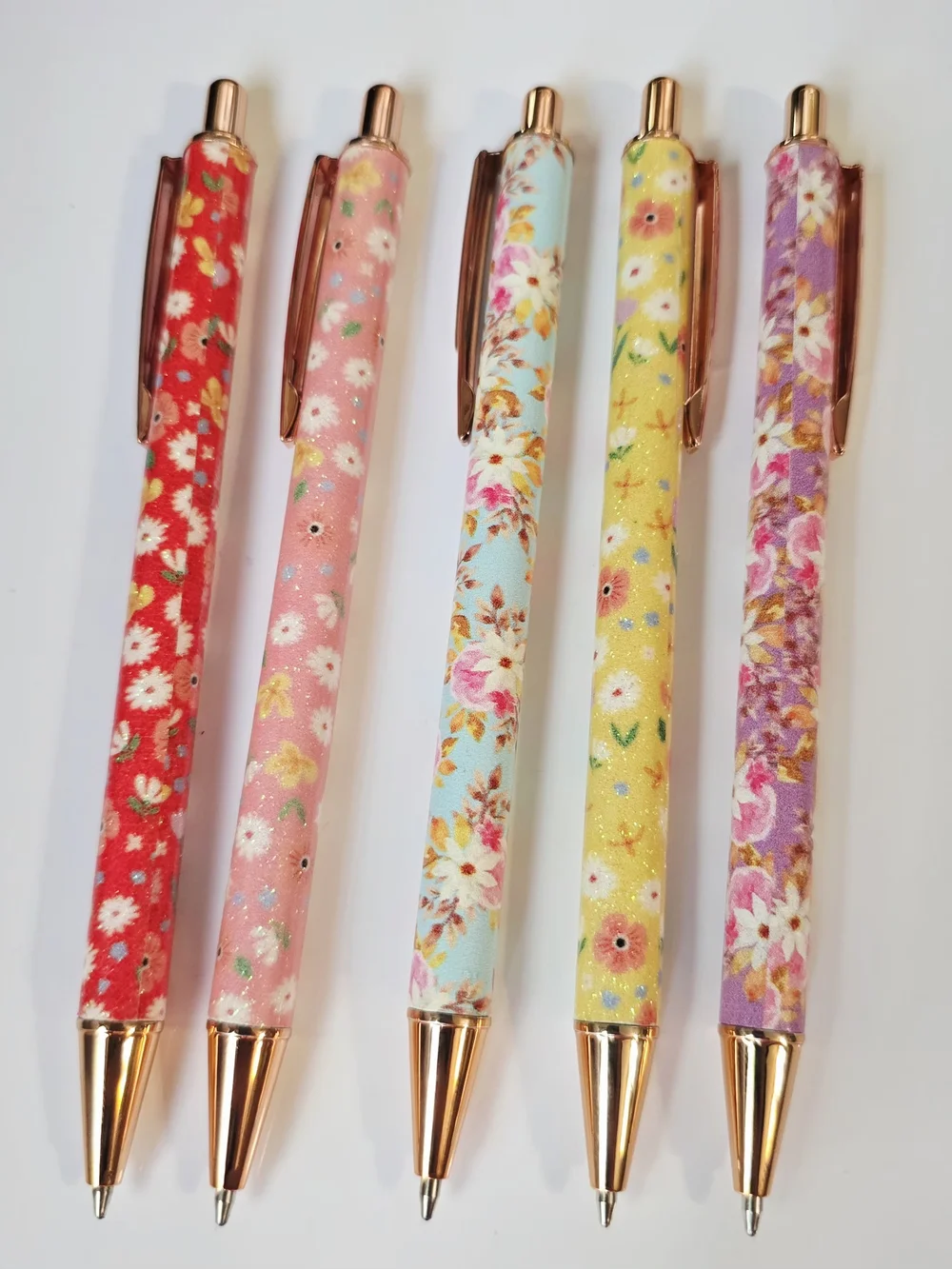 5 Pcs. Floral Ballpoint Push Pens- Multicolor with Rose‎ Gold Accents